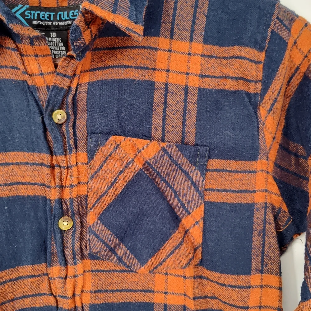 Street Rules Boys Navy and Orange Plaid Flannel Button Down Shirt Size 18